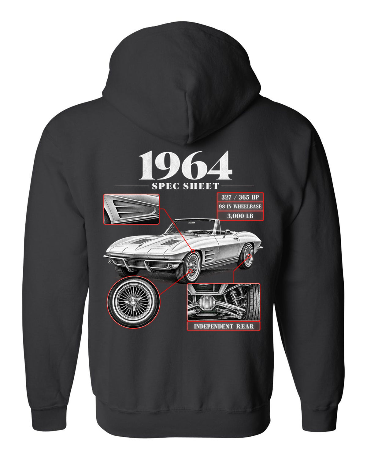 Chevrolet Corvette C2 Sting Ray 1964 convertible spec sheet print black zip hoodie back view with the design