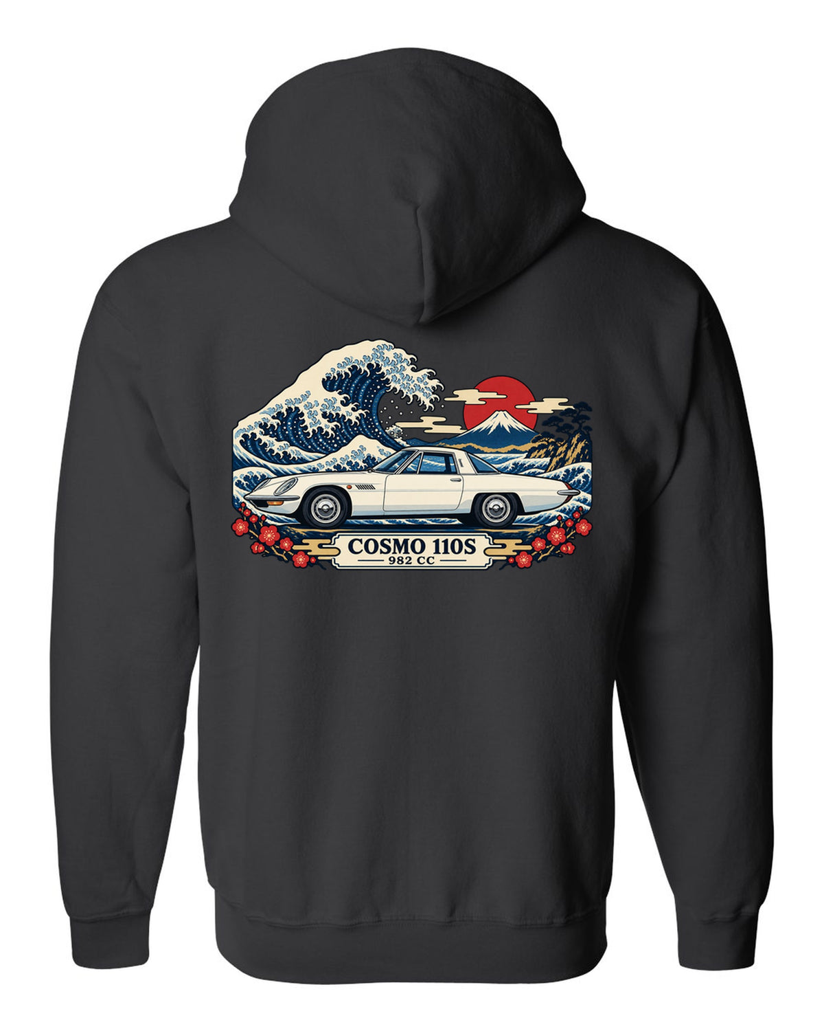Ukiyo-e woodblock illustration of the Mazda Cosmo Sport 110S with a wave and 982 CC lettering black zip hoodie back view with the design