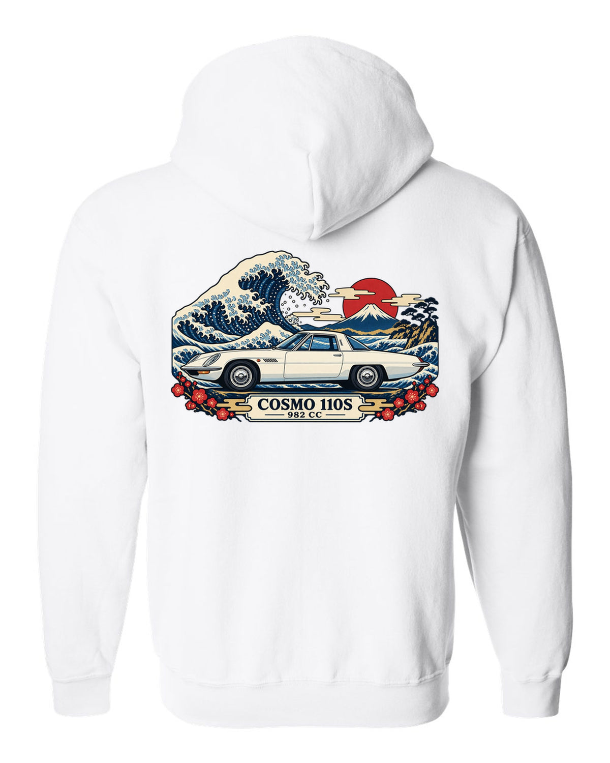 Ukiyo-e woodblock illustration of the Mazda Cosmo Sport 110S with a wave and 982 CC lettering white zip hoodie back view with the design