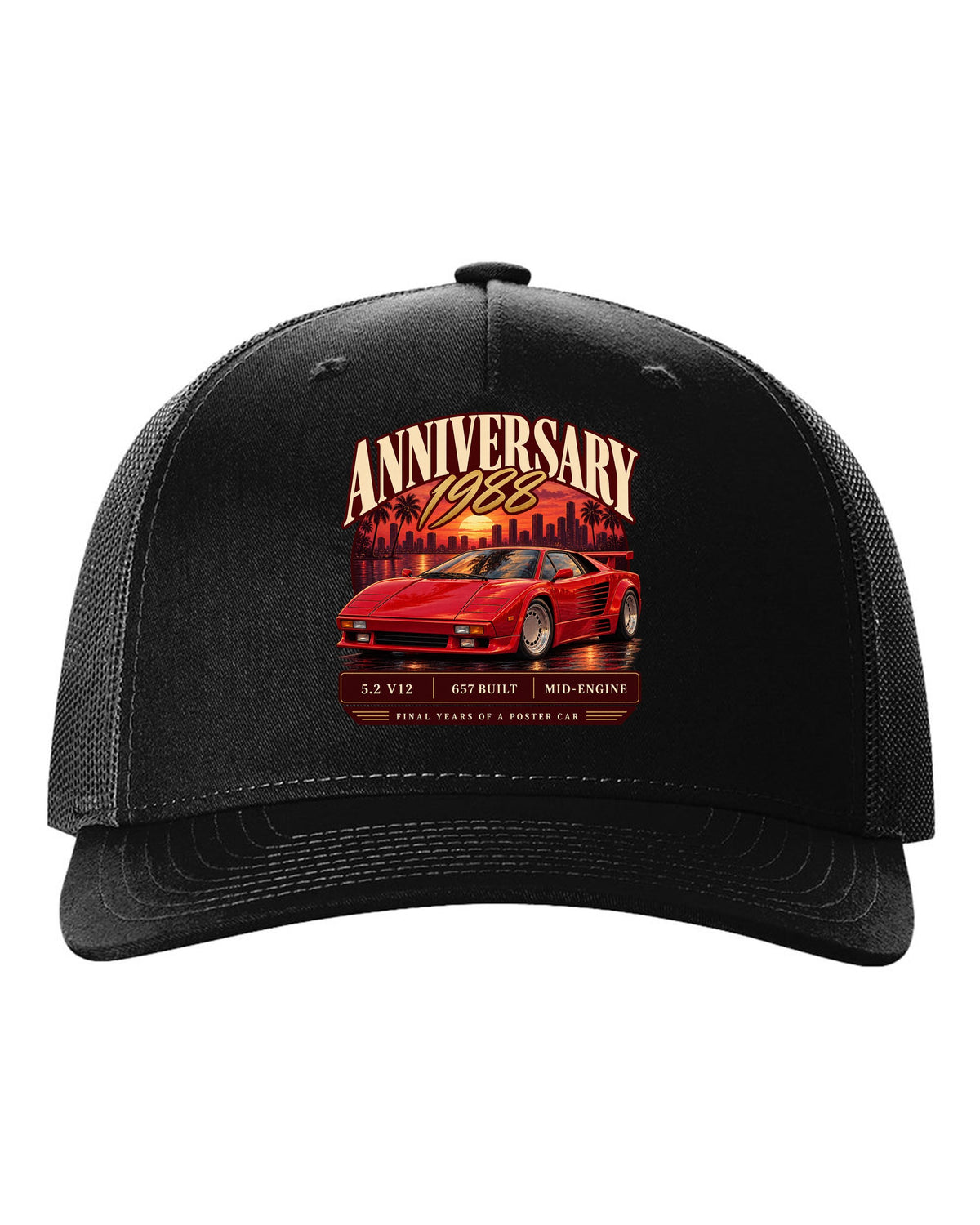 Archive panel print of a Lamborghini Countach 25th Anniversary with 657 built text black hat front view with the design