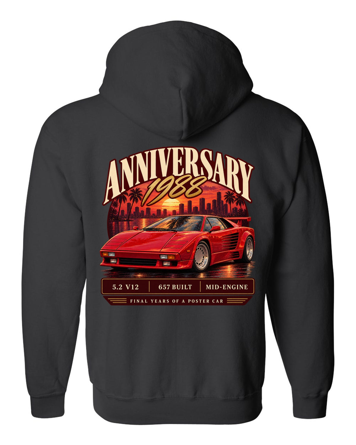 Archive panel print of a Lamborghini Countach 25th Anniversary with 657 built text black zip hoodie back view with the design