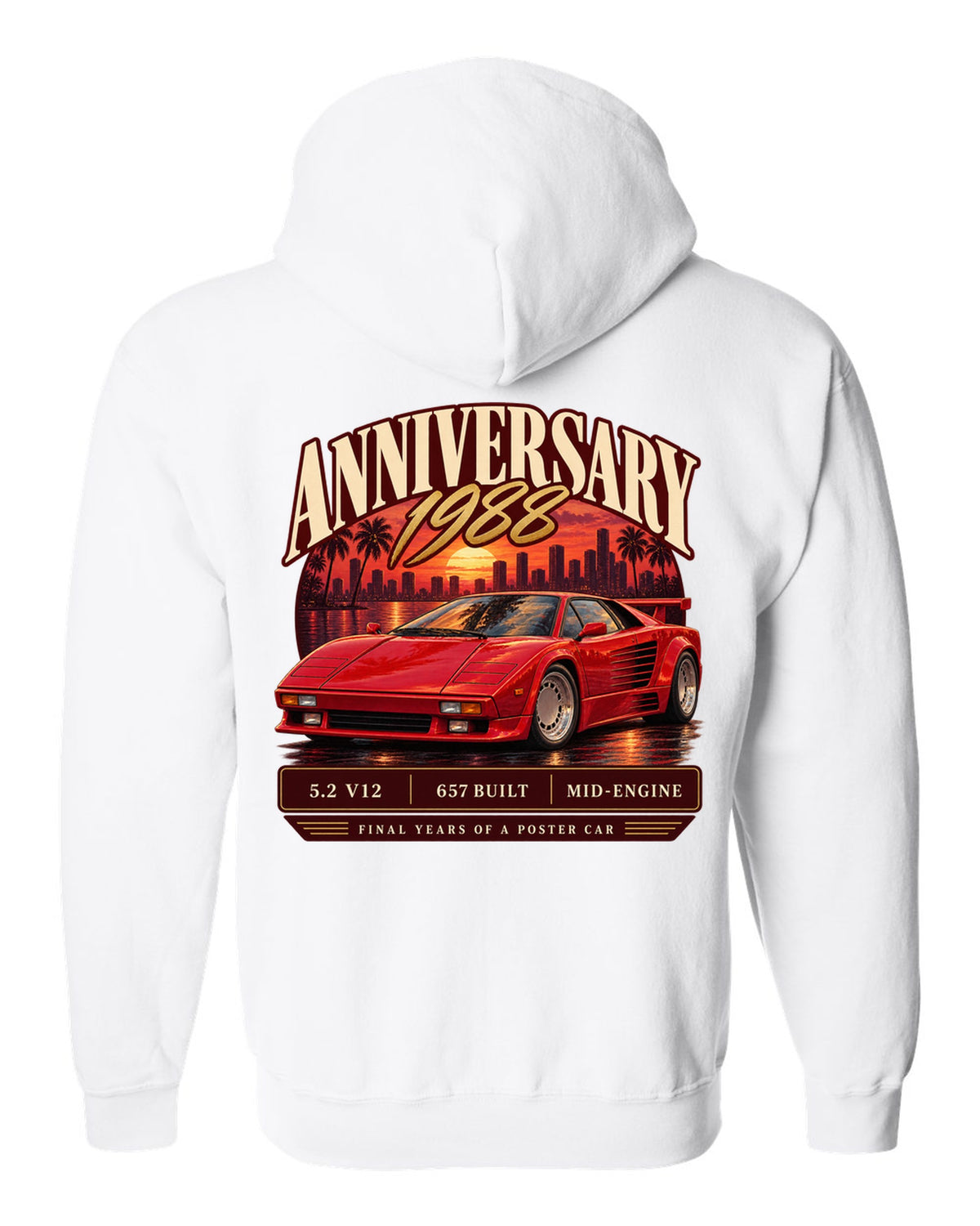 Archive panel print of a Lamborghini Countach 25th Anniversary with 657 built text white zip hoodie back view with the design