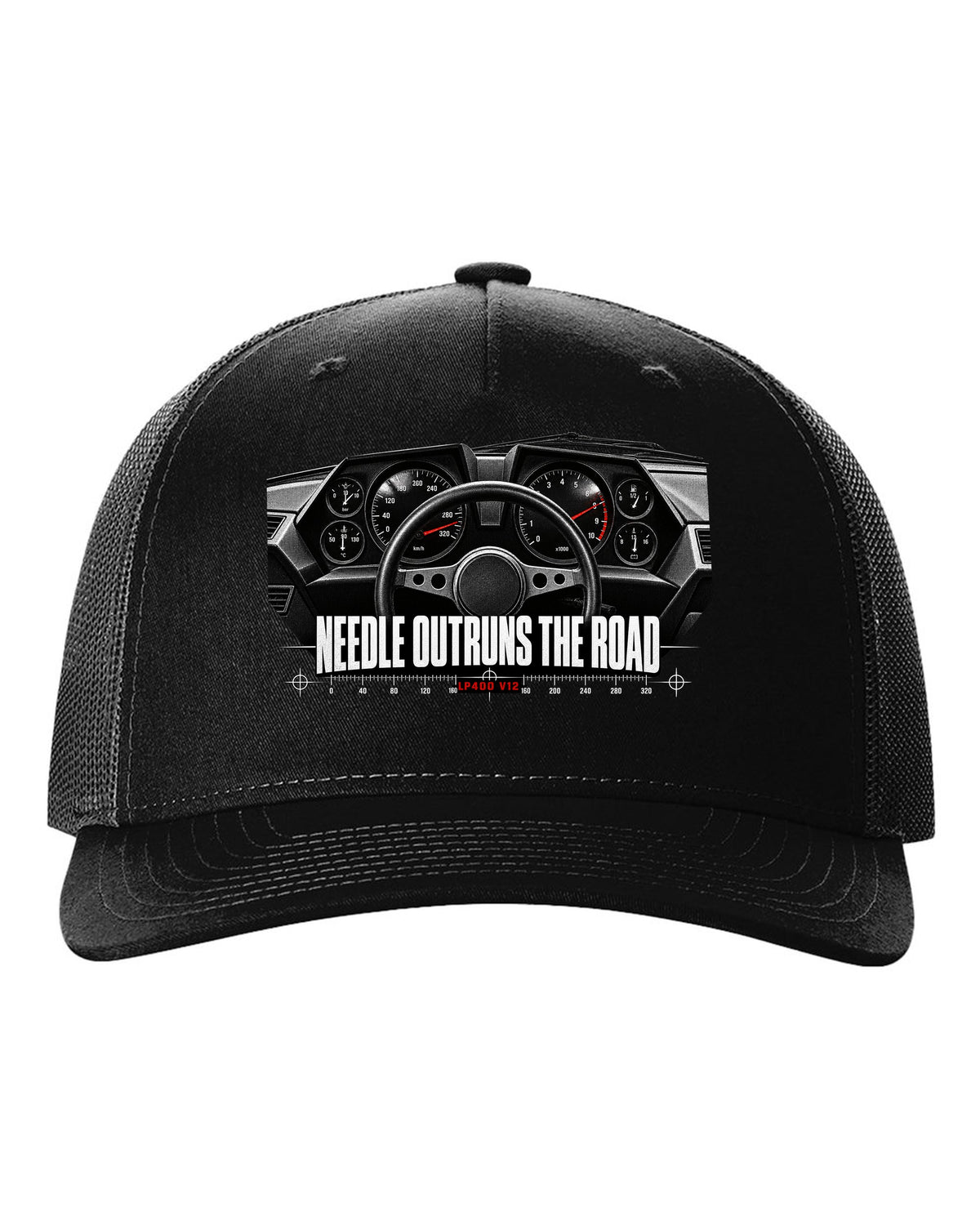 Cockpit gauge print of a Lamborghini Countach LP400 interior with needle outruns the road text black hat front view with the design