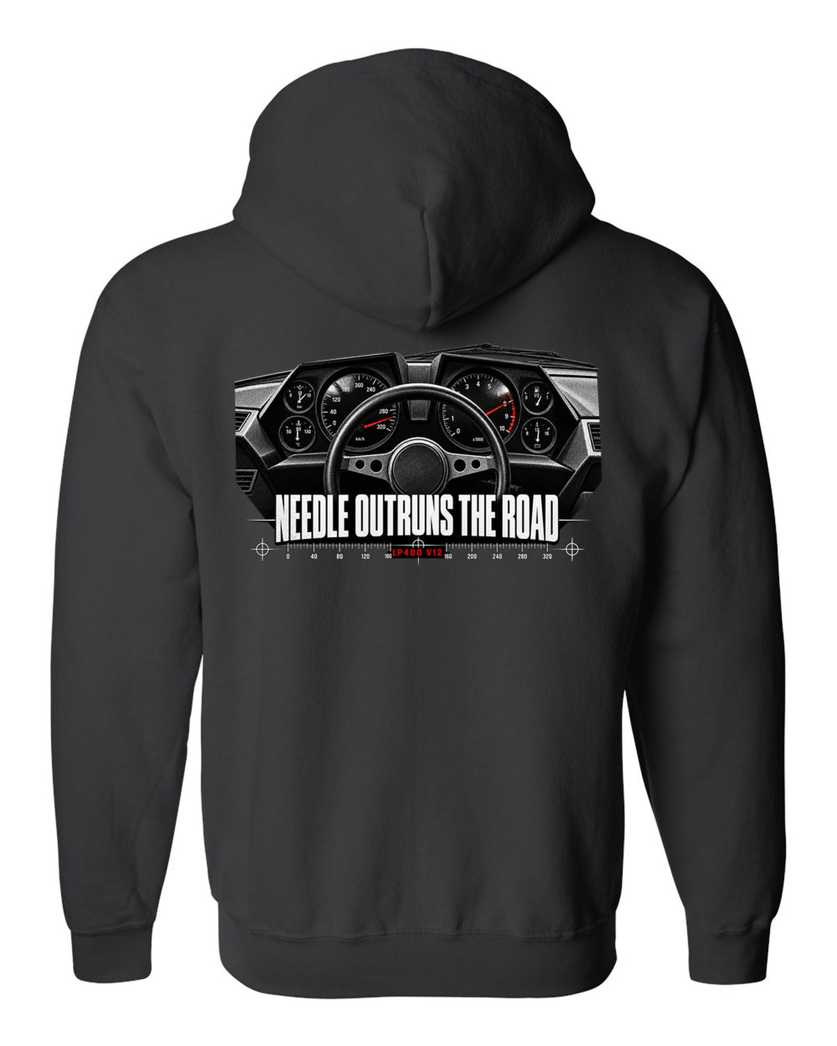 Cockpit gauge print of a Lamborghini Countach LP400 interior with needle outruns the road text black zip hoodie back view with the design