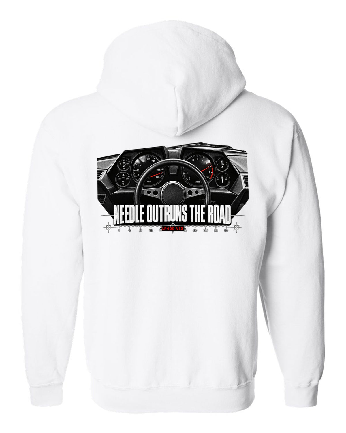 Cockpit gauge print of a Lamborghini Countach LP400 interior with needle outruns the road text white zip hoodie back view with the design