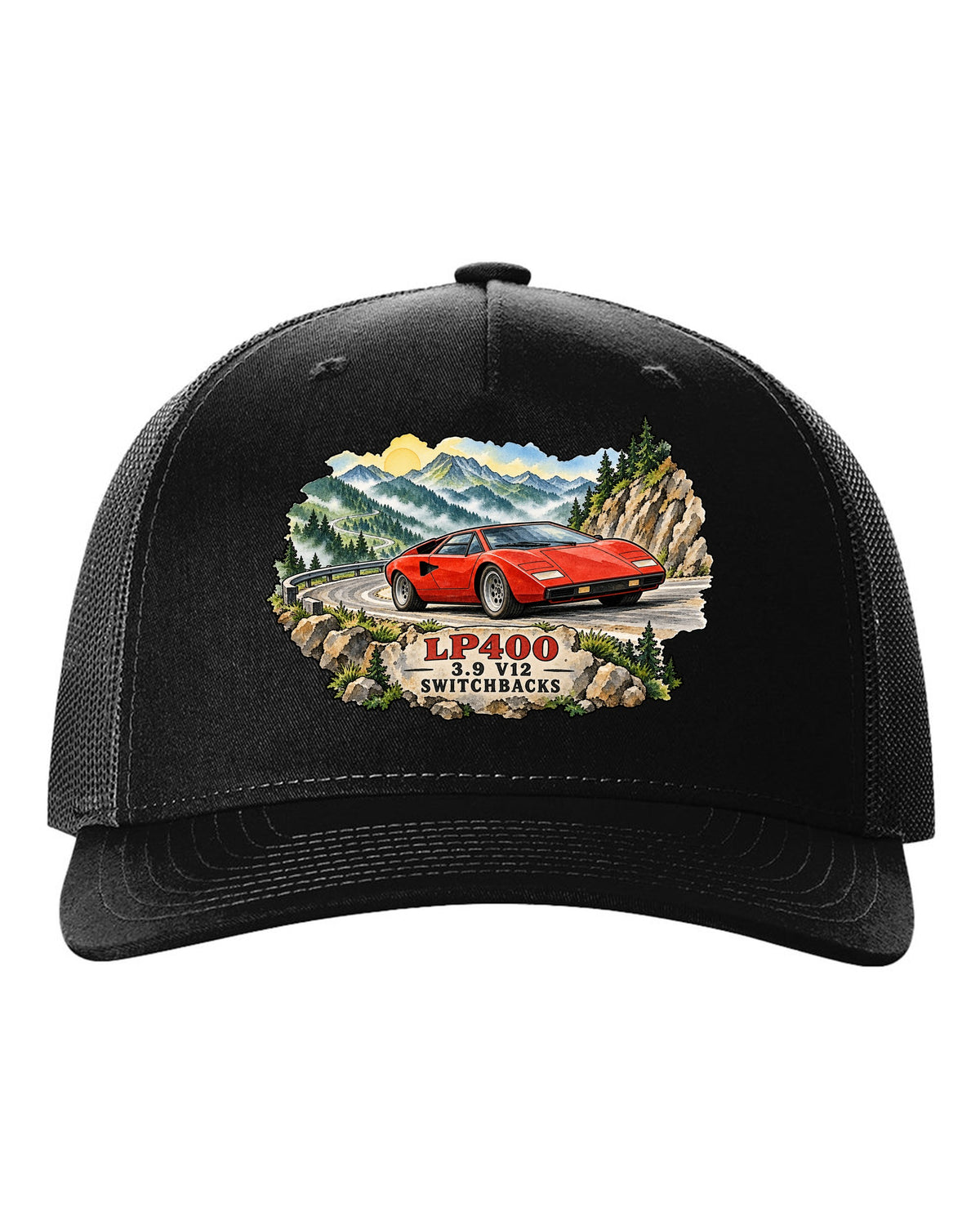 Watercolour ink wash design of a Lamborghini Countach LP400 on mountain switchbacks black hat front view with the design