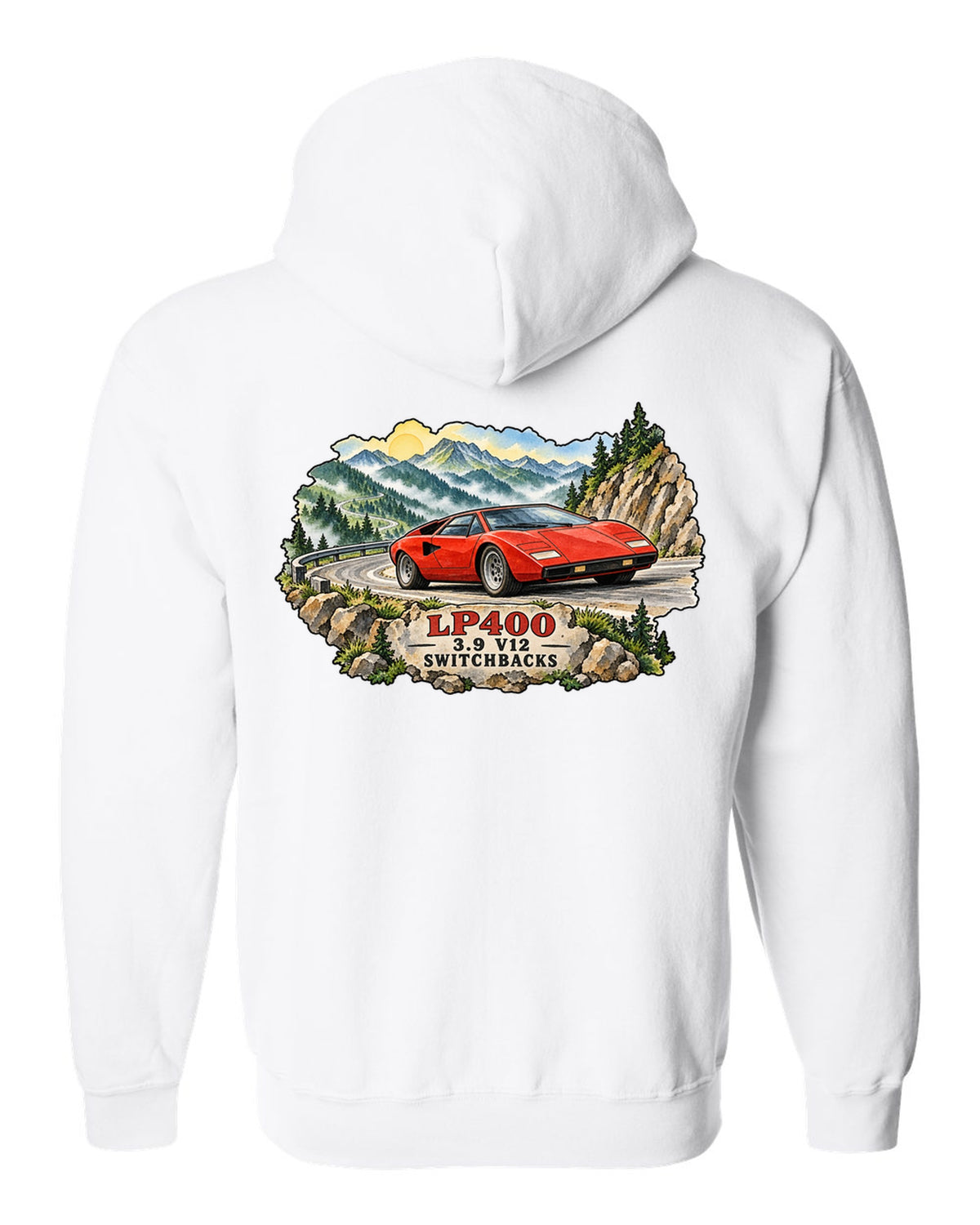 Watercolour ink wash design of a Lamborghini Countach LP400 on mountain switchbacks white zip hoodie back view with the design