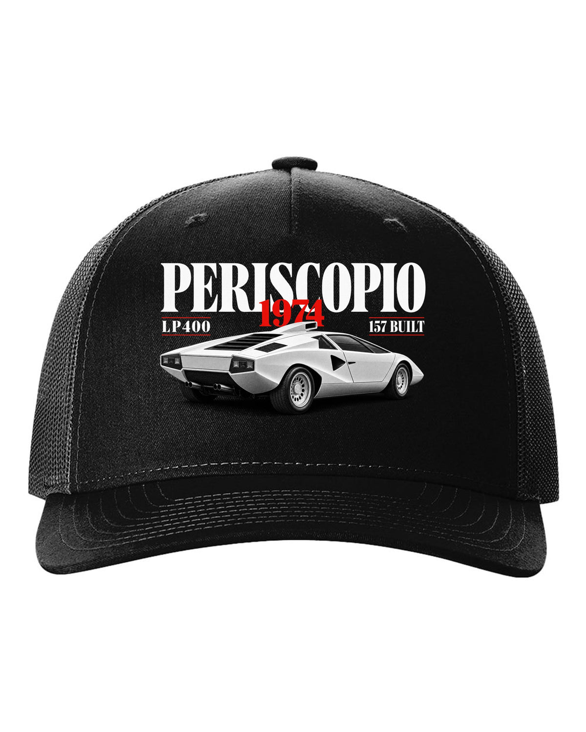 Editorial print of a Lamborghini Countach LP400 with periscopio and 157 built text black hat front view with the design