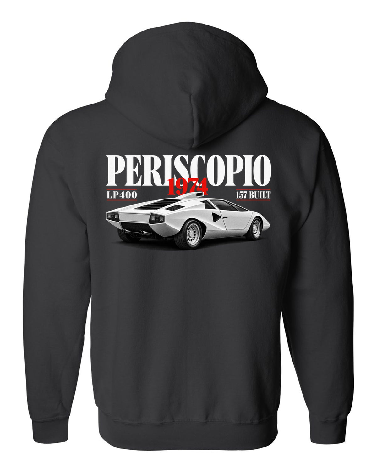 Editorial print of a Lamborghini Countach LP400 with periscopio and 157 built text black zip hoodie back view with the design