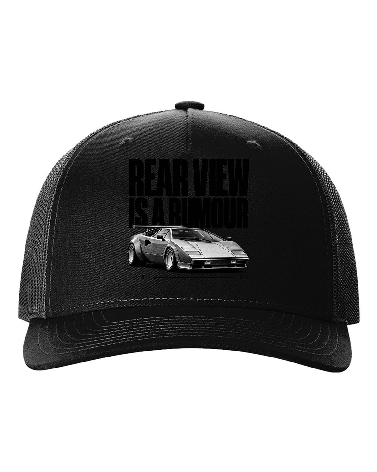 Halftone print of a Lamborghini Countach LP400 S with rear wing and rear view is a rumour text black hat front view with the design