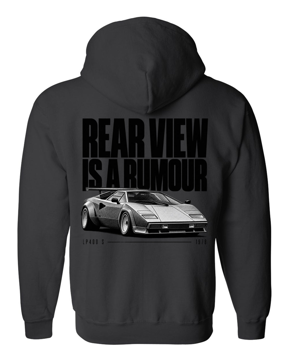 Halftone print of a Lamborghini Countach LP400 S with rear wing and rear view is a rumour text black zip hoodie back view with the design