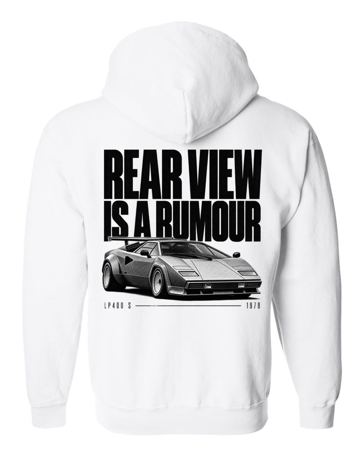 Halftone print of a Lamborghini Countach LP400 S with rear wing and rear view is a rumour text white zip hoodie back view with the design