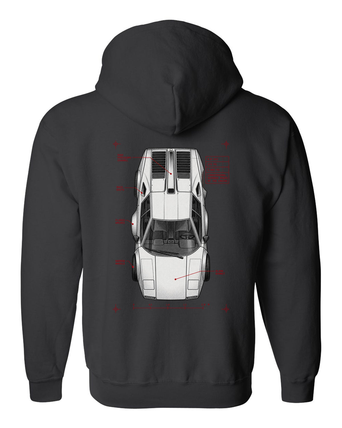 Spec poster print of a Lamborghini Countach LP400 with 4.0 V12 375 PS and 1,065 kg text black zip hoodie back view with the design
