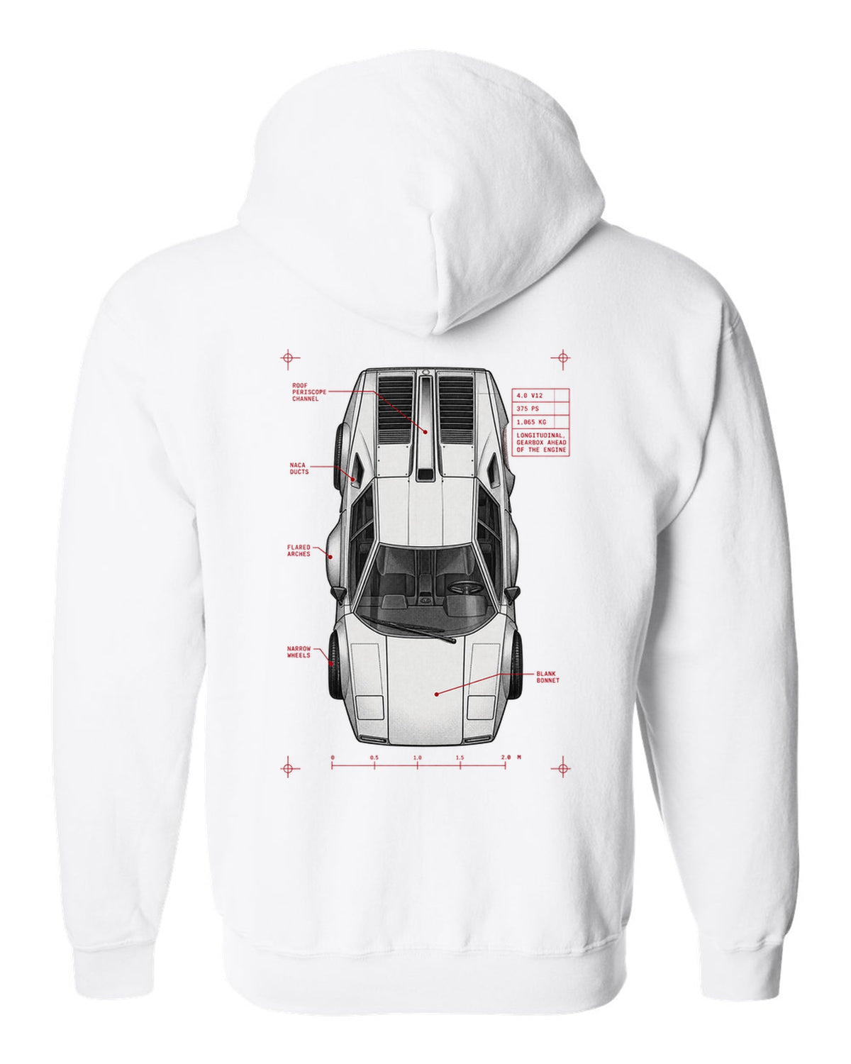 Spec poster print of a Lamborghini Countach LP400 with 4.0 V12 375 PS and 1,065 kg text white zip hoodie back view with the design