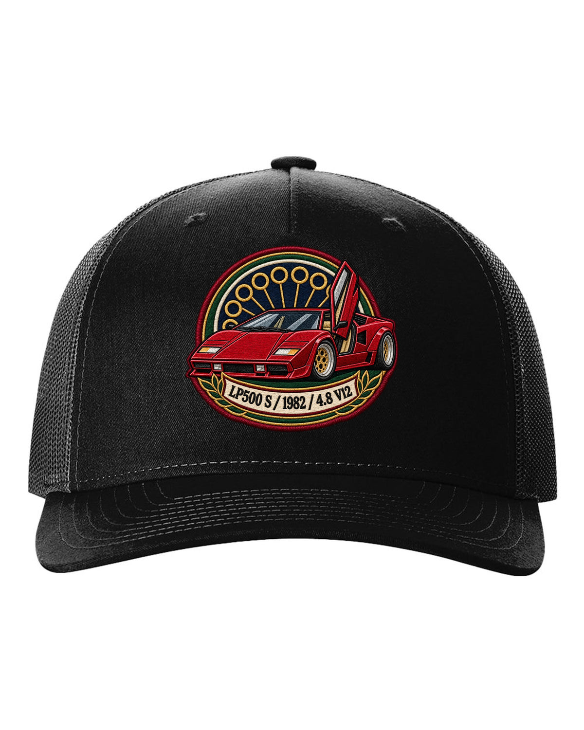 Varsity embroidery crest for a 1982 Lamborghini Countach LP500 S with 4.8 V12 lettering black hat front view with the design