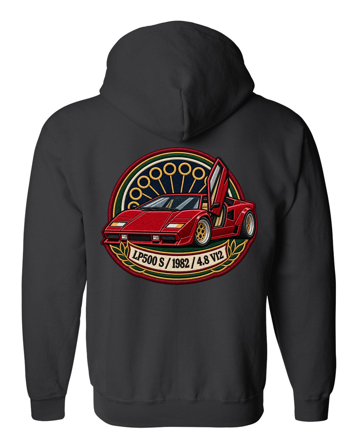 Varsity embroidery crest for a 1982 Lamborghini Countach LP500 S with 4.8 V12 lettering black zip hoodie back view with the design