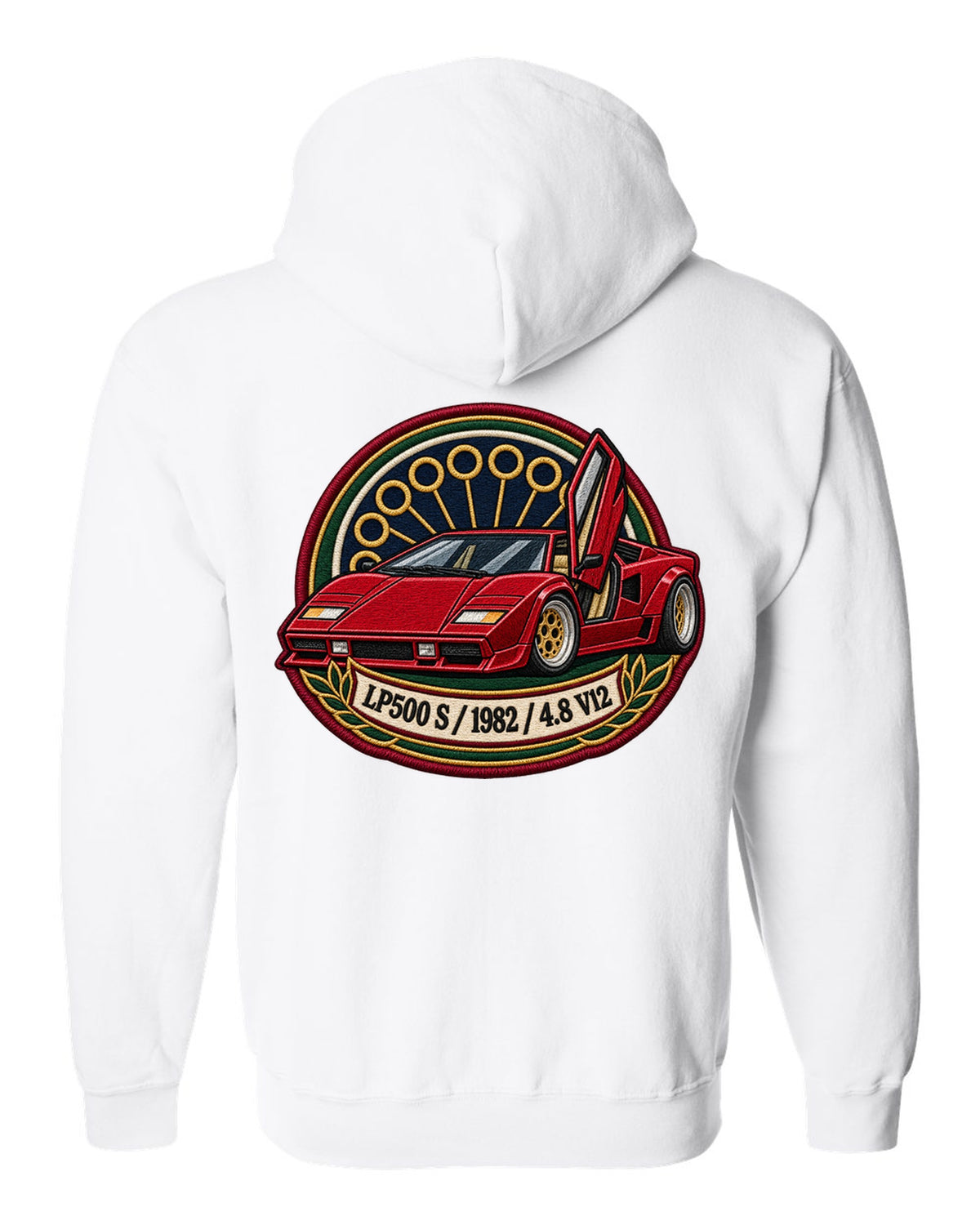 Varsity embroidery crest for a 1982 Lamborghini Countach LP500 S with 4.8 V12 lettering white zip hoodie back view with the design