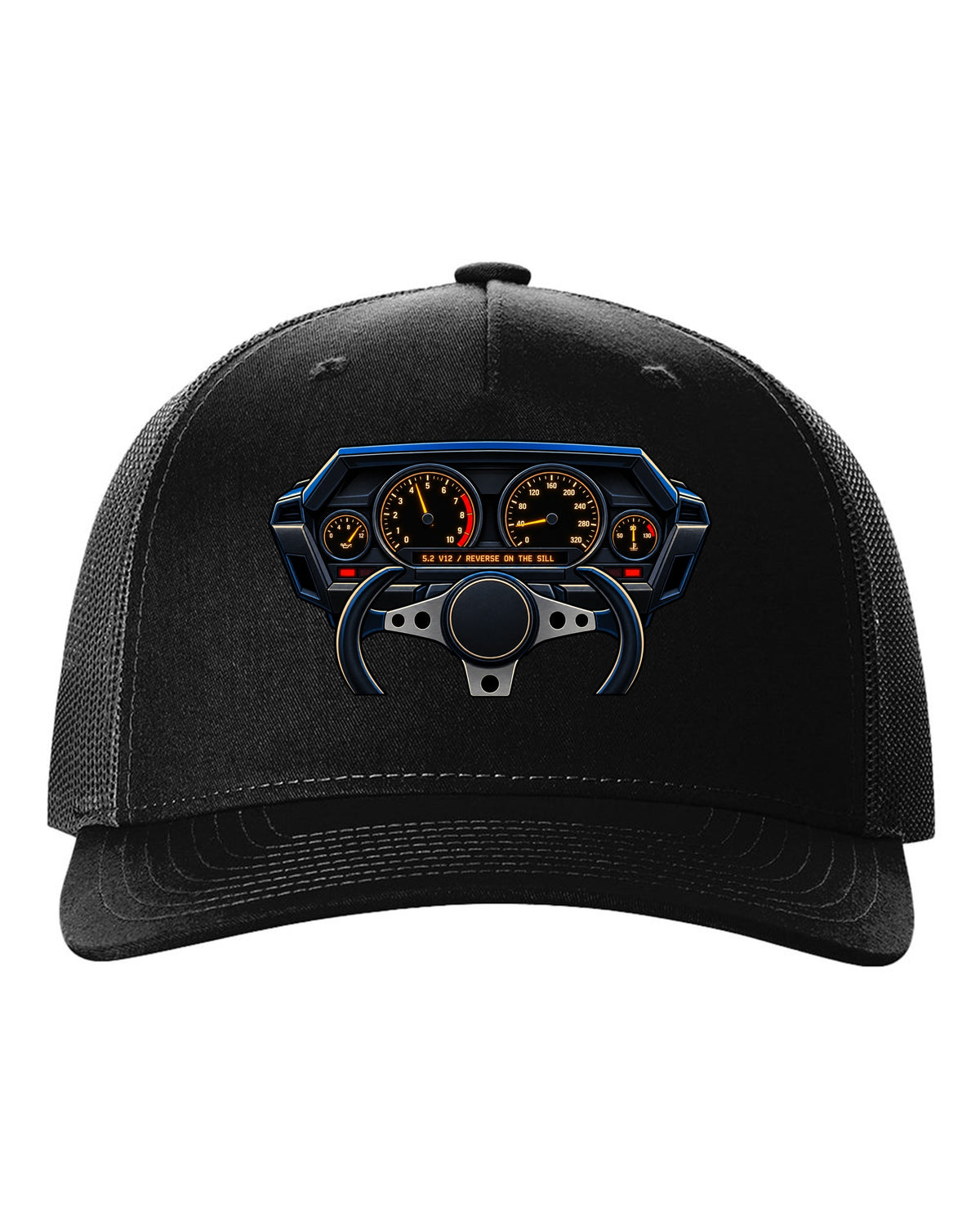Gauge cluster graphic for a Lamborghini Countach LP5000 QV with 5.2 V12 lettering black hat front view with the design