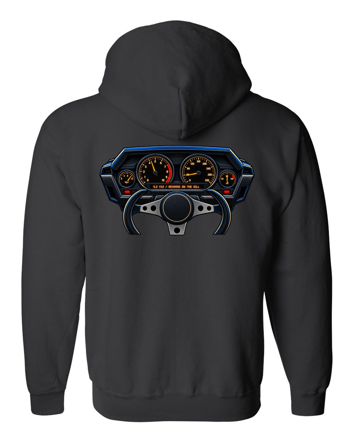Gauge cluster graphic for a Lamborghini Countach LP5000 QV with 5.2 V12 lettering black zip hoodie back view with the design