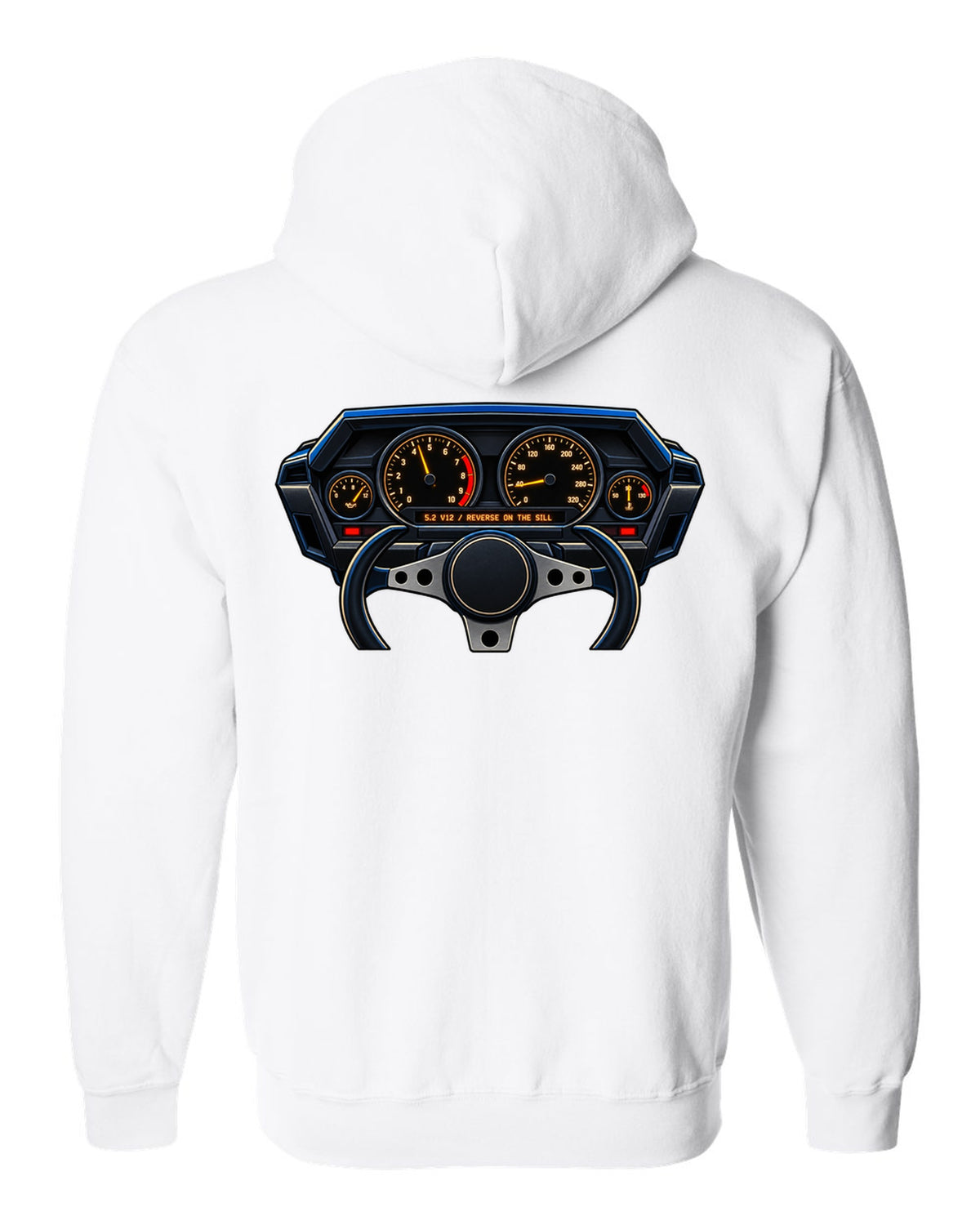 Gauge cluster graphic for a Lamborghini Countach LP5000 QV with 5.2 V12 lettering white zip hoodie back view with the design