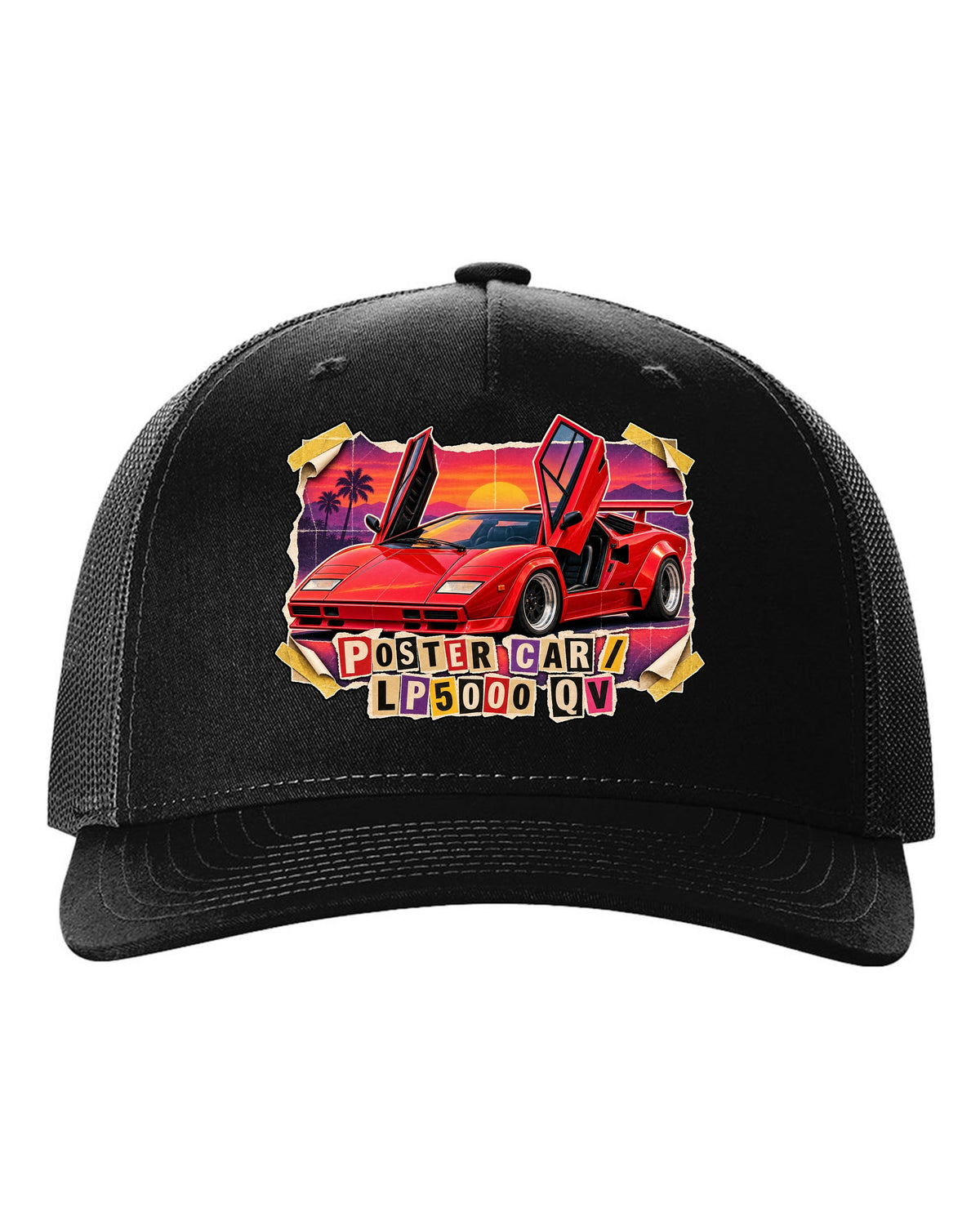 Magazine-cutout collage of a Lamborghini Countach LP5000 QV styled as a pull-out poster car black hat front view with the design
