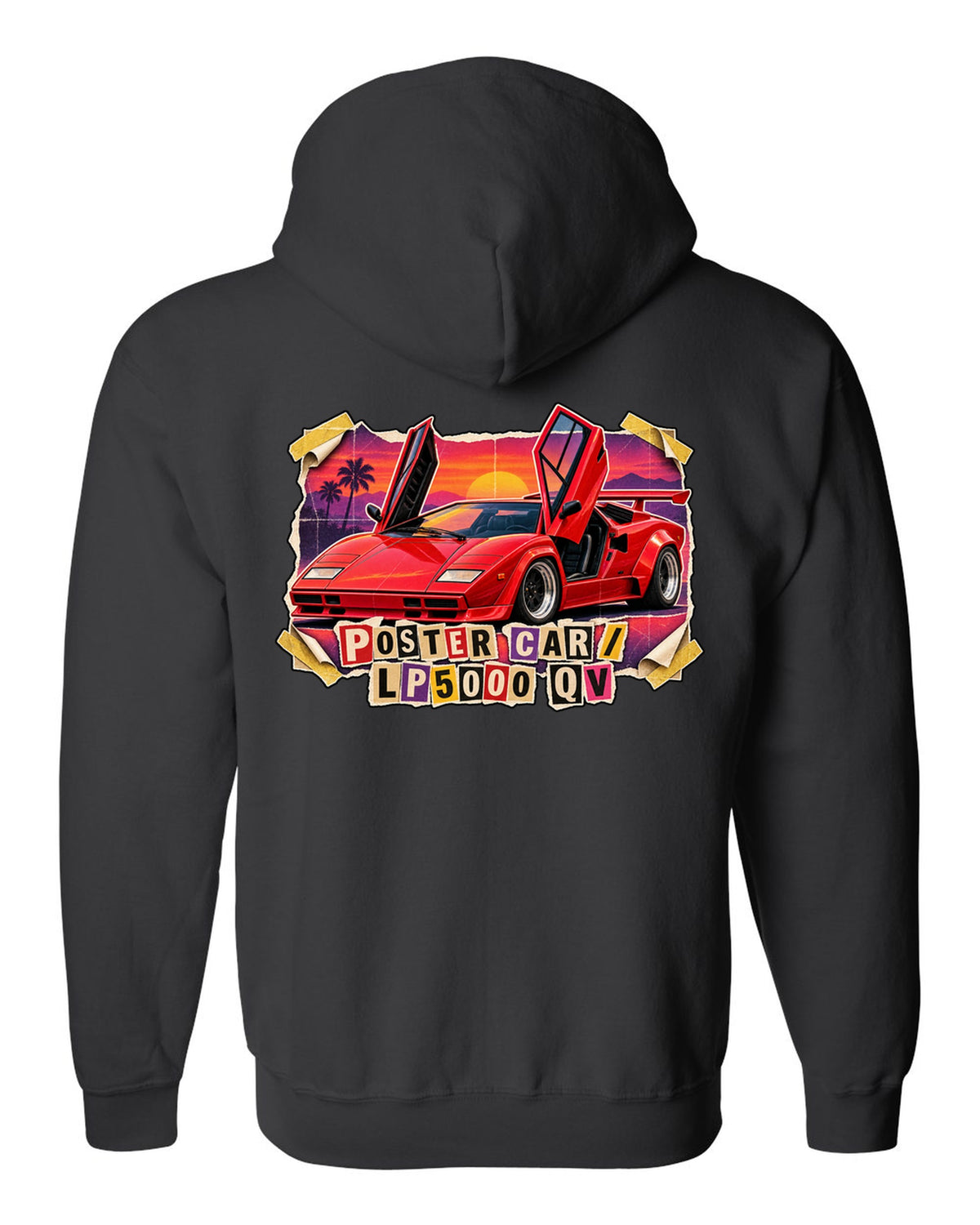 Magazine-cutout collage of a Lamborghini Countach LP5000 QV styled as a pull-out poster car black zip hoodie back view with the design