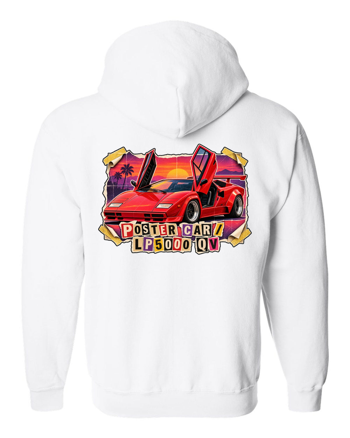 Magazine-cutout collage of a Lamborghini Countach LP5000 QV styled as a pull-out poster car white zip hoodie back view with the design