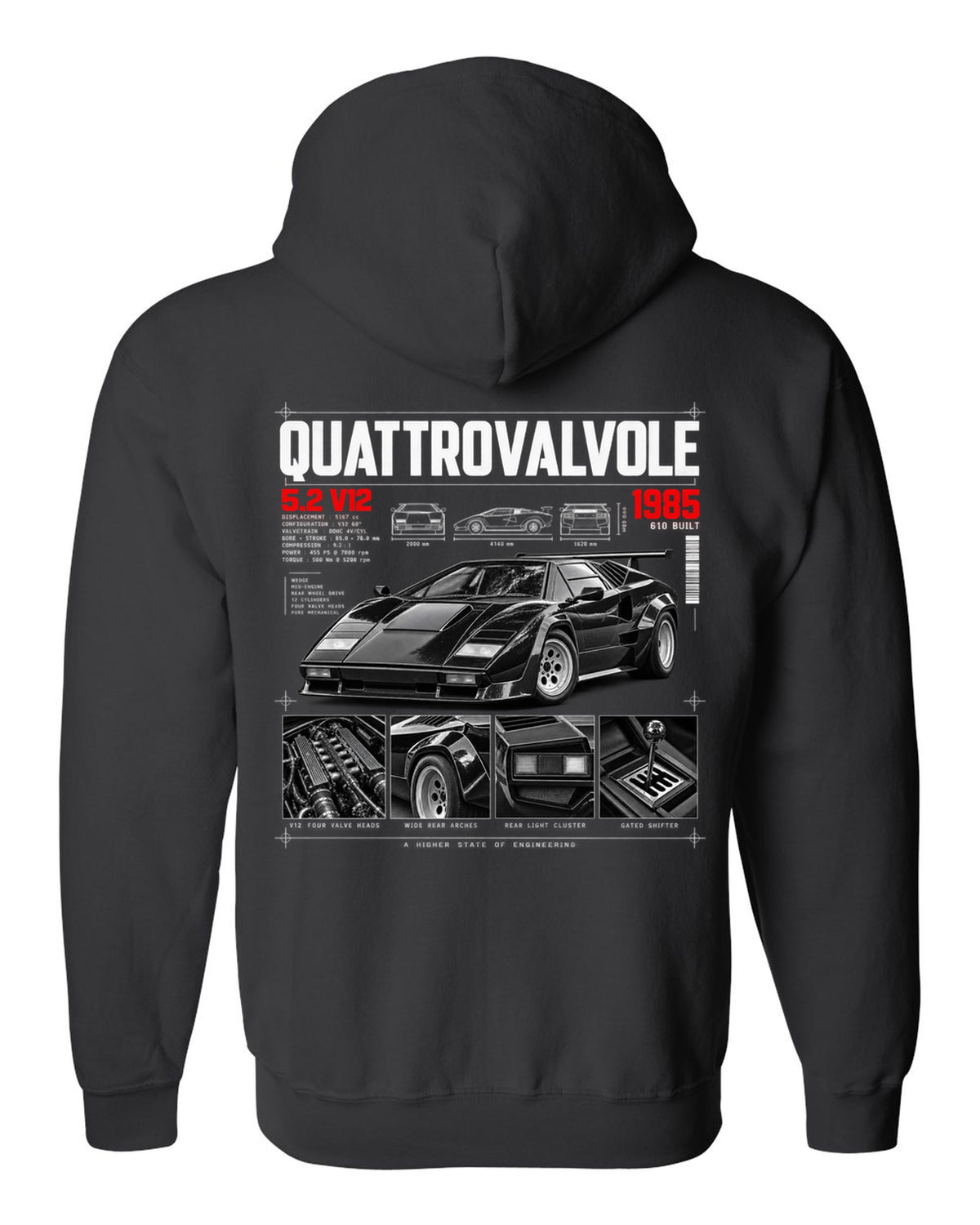 Dossier panel print of a Lamborghini Countach LP5000 QV with 5.2 V12 and 610 built text black zip hoodie back view with the design