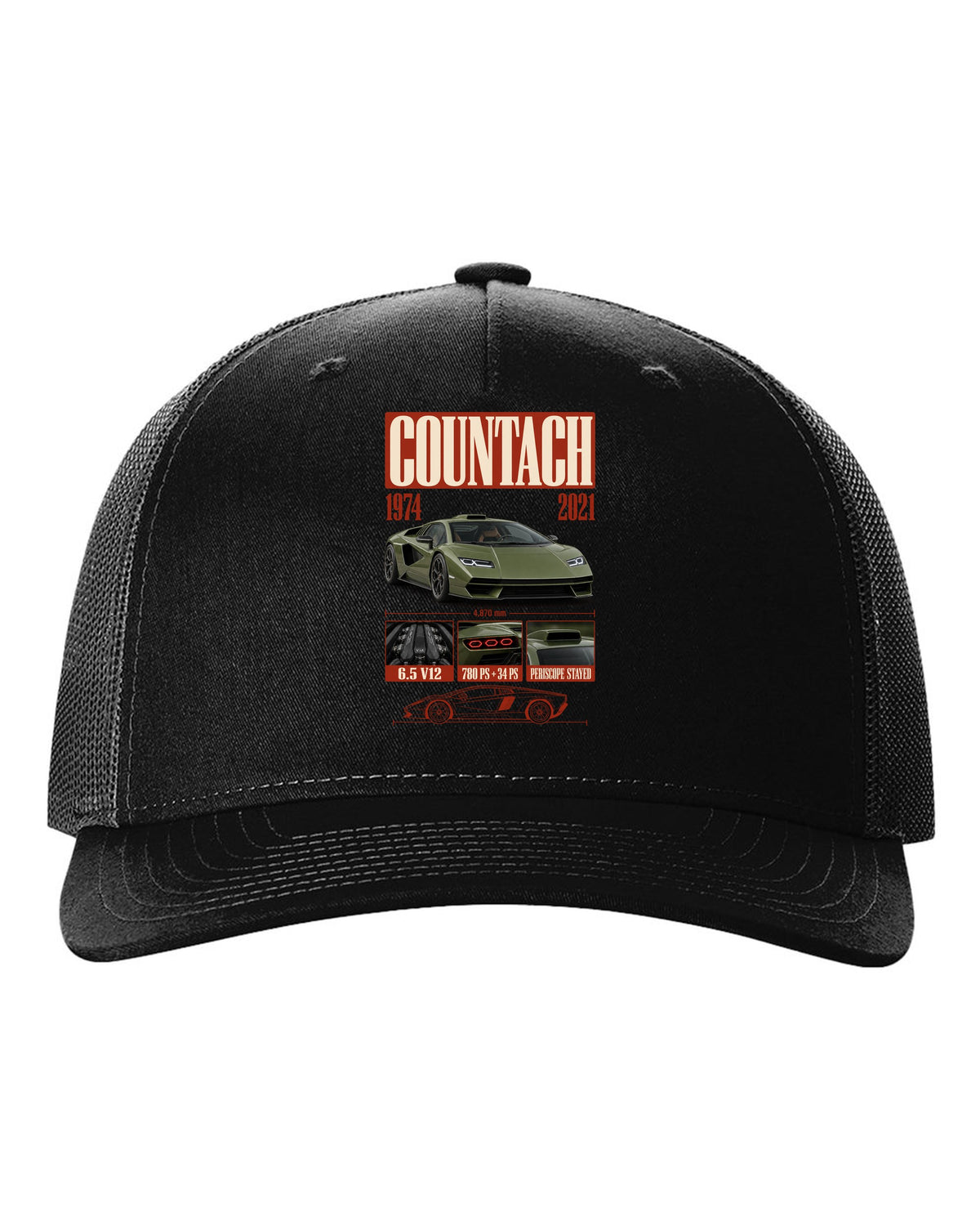 Lamborghini Countach LPI 800-4 archive panel print covering 1974 to 2021 with V12 specs black hat front view with the design