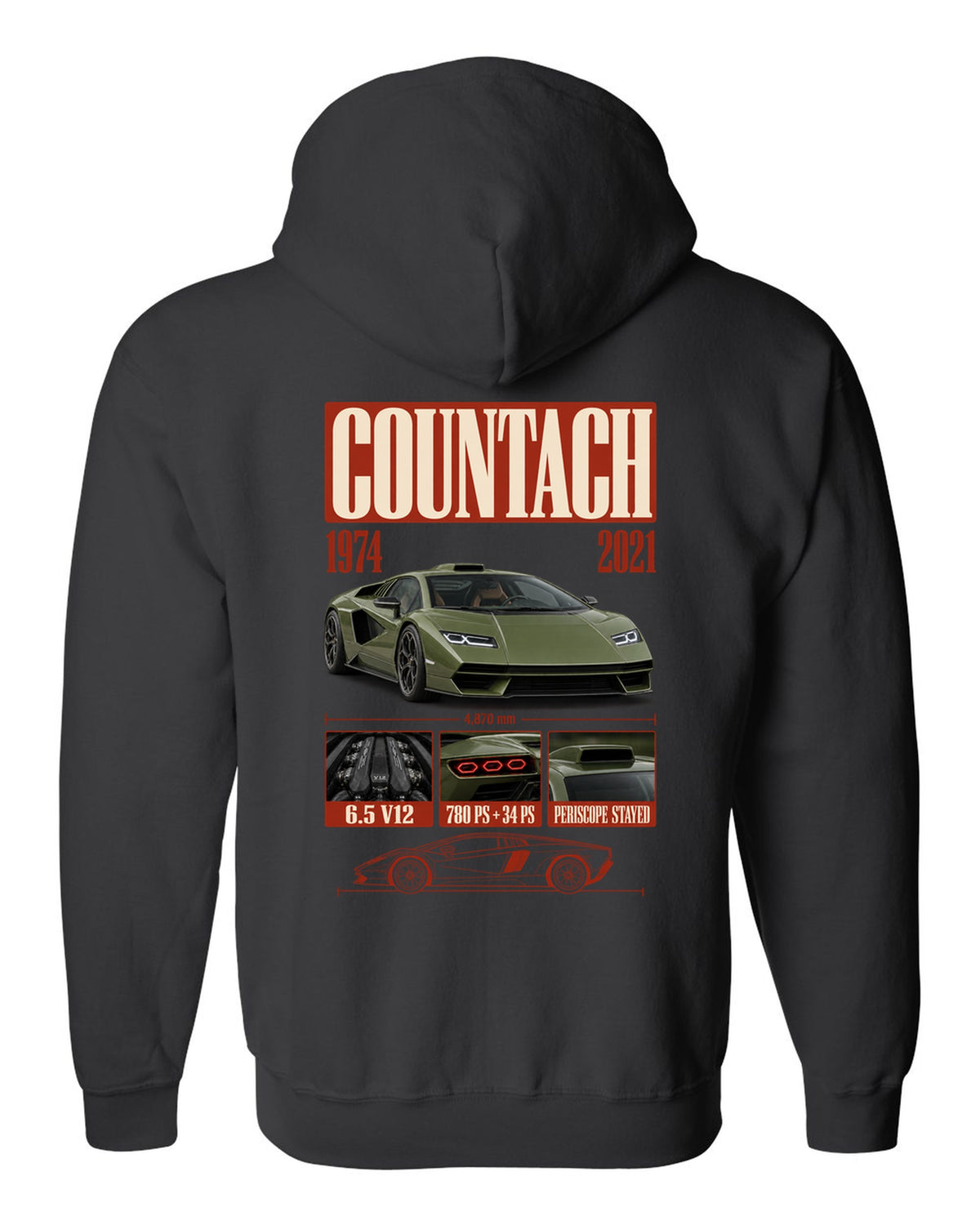 Lamborghini Countach LPI 800-4 archive panel print covering 1974 to 2021 with V12 specs black zip hoodie back view with the design