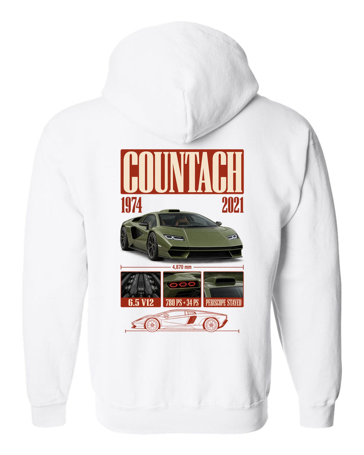 Lamborghini Countach LPI 800-4 archive panel print covering 1974 to 2021 with V12 specs white zip hoodie back view with the design