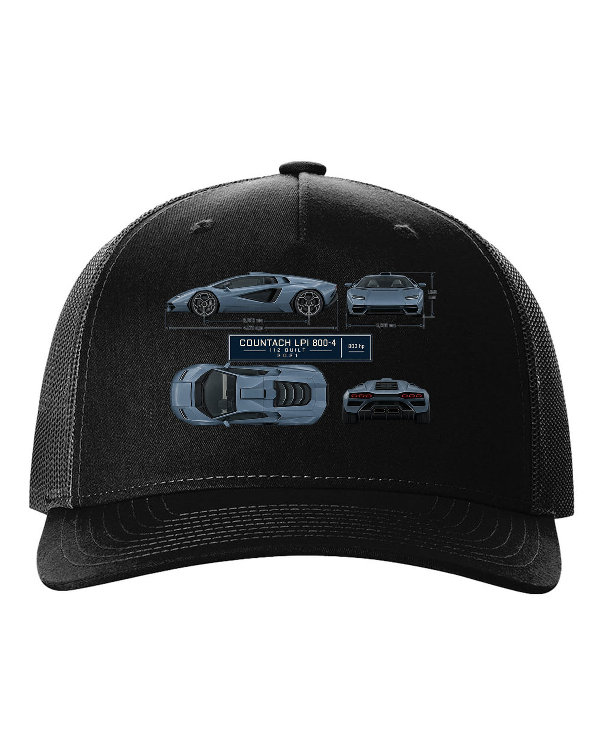 Lamborghini Countach LPI 800-4 dimension blueprint print with 112 built 2021 lettering black hat front view with the design