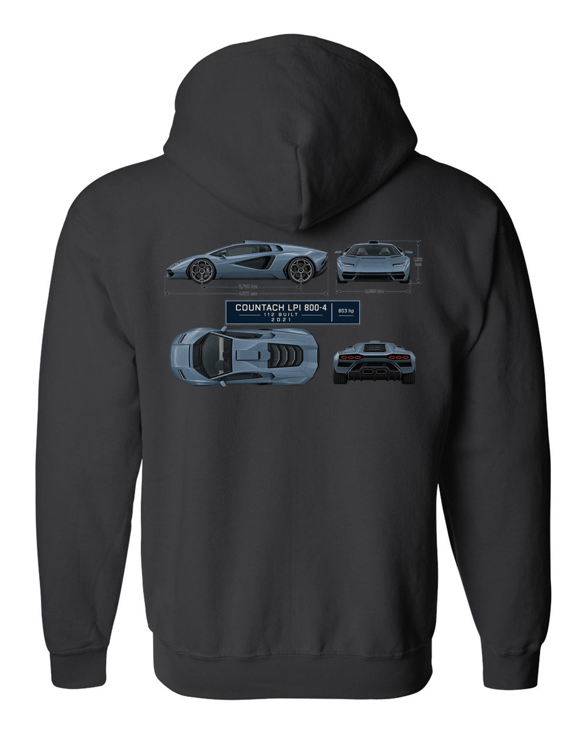 Lamborghini Countach LPI 800-4 dimension blueprint print with 112 built 2021 lettering black zip hoodie back view with the design