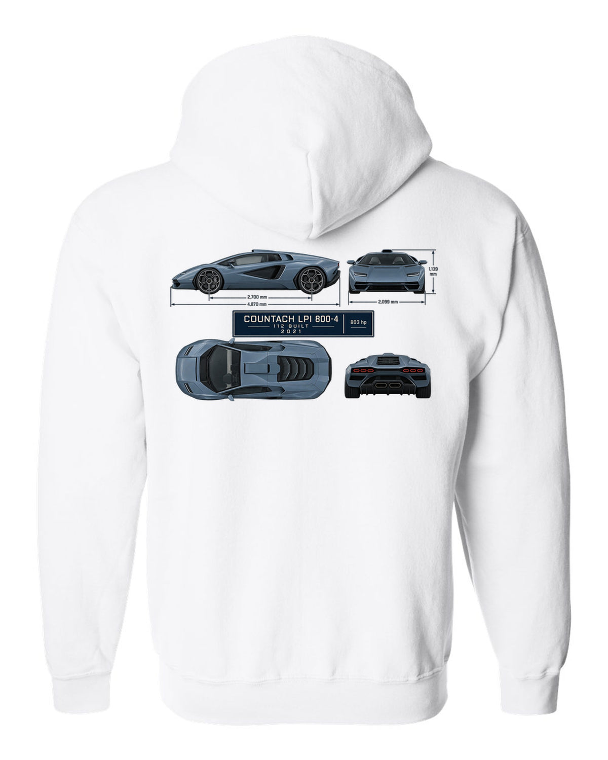 Lamborghini Countach LPI 800-4 dimension blueprint print with 112 built 2021 lettering white zip hoodie back view with the design