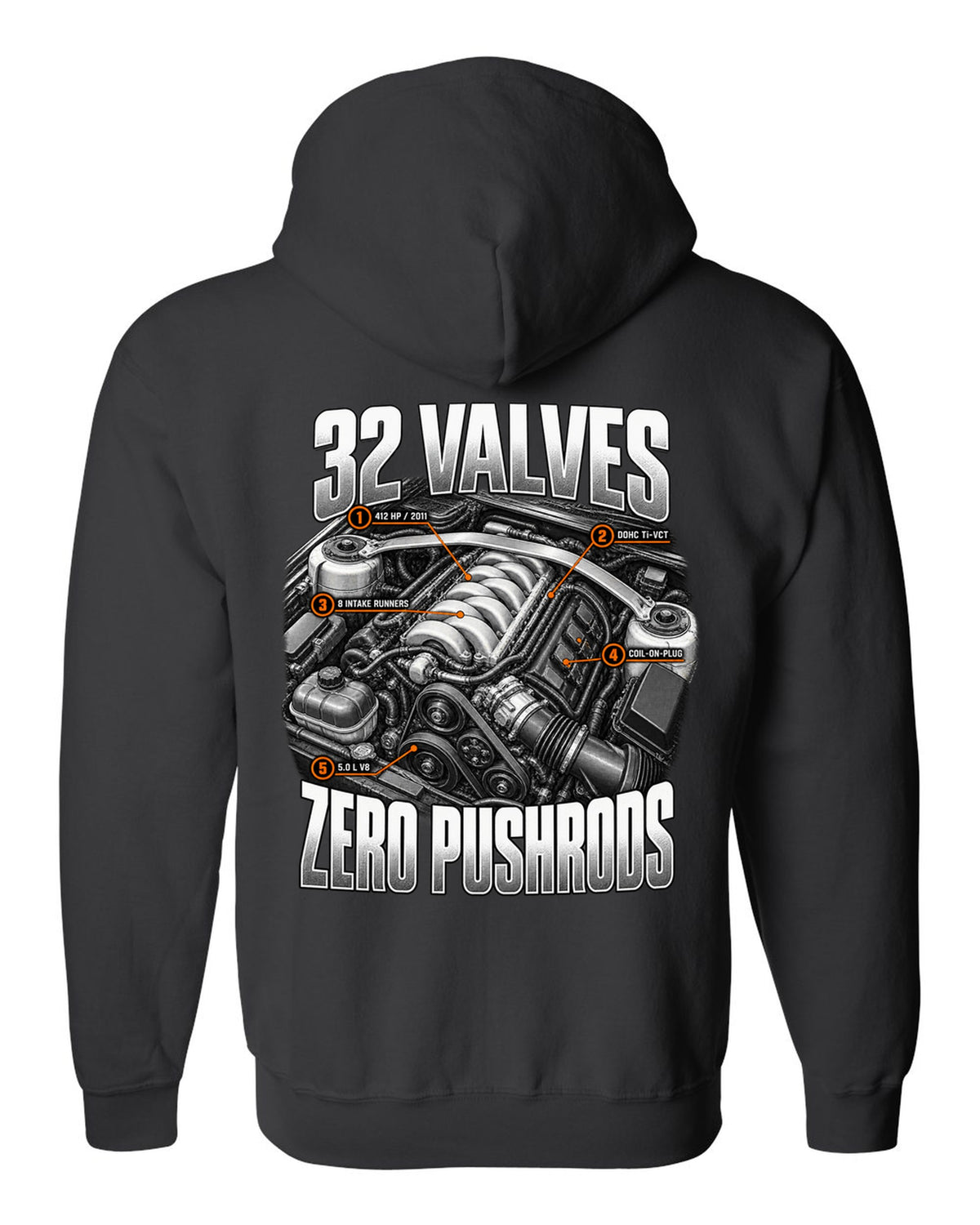 Engine hero print of a Ford Mustang S197 GT 5.0 Coyote engine, 2011-14 black zip hoodie back view with the design