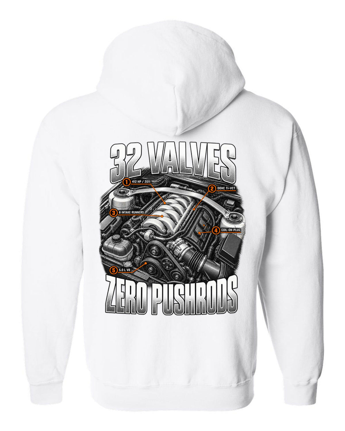 Engine hero print of a Ford Mustang S197 GT 5.0 Coyote engine, 2011-14 white zip hoodie back view with the design