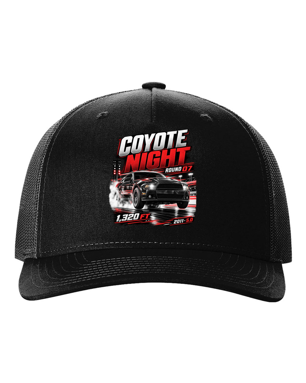 Night race poster print of a 2011 Ford Mustang S197 GT 5.0 black hat front view with the design
