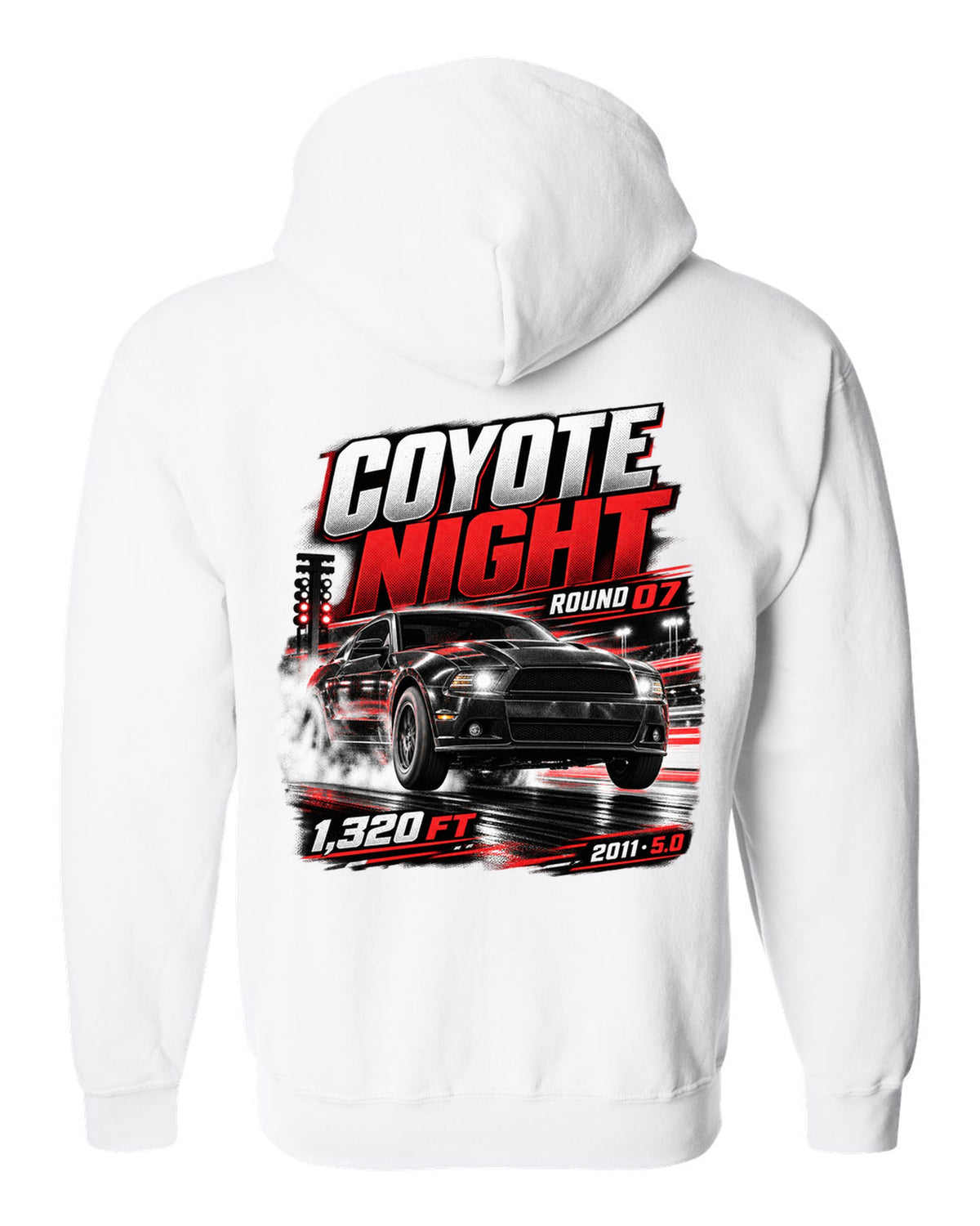 Night race poster print of a 2011 Ford Mustang S197 GT 5.0 white zip hoodie back view with the design