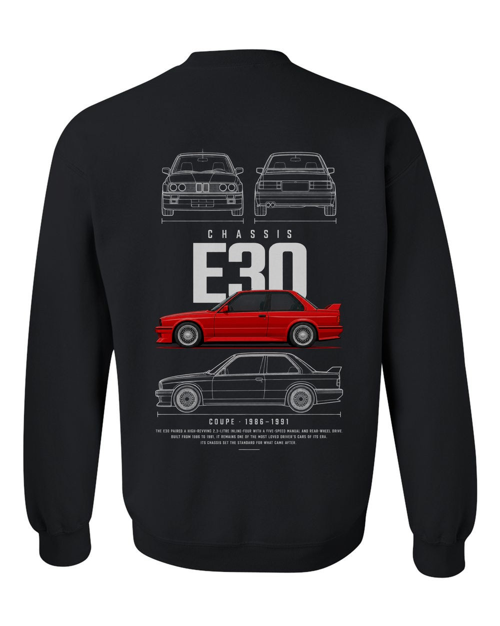 E30 full-back artwork black crewneck back view with the design