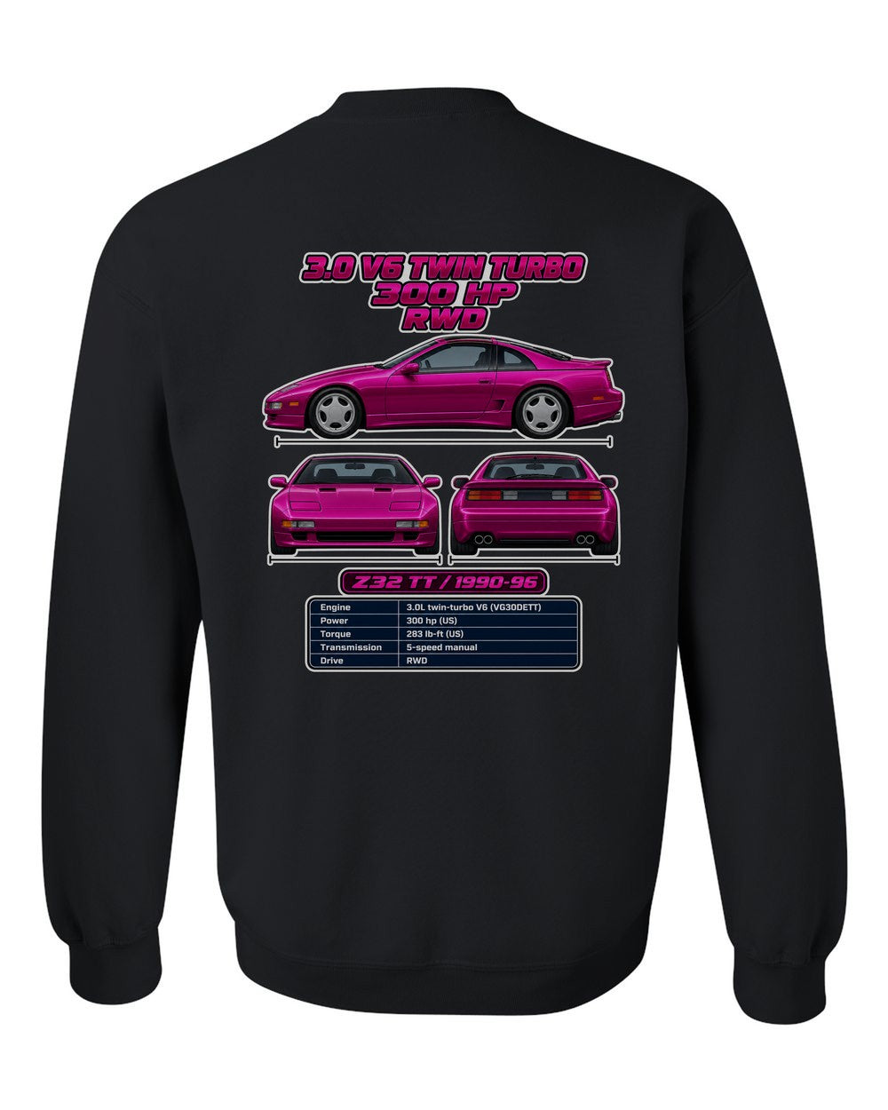 Nissan 300Zx Twin Turbo Z32 spec sheet black crewneck back view with the design