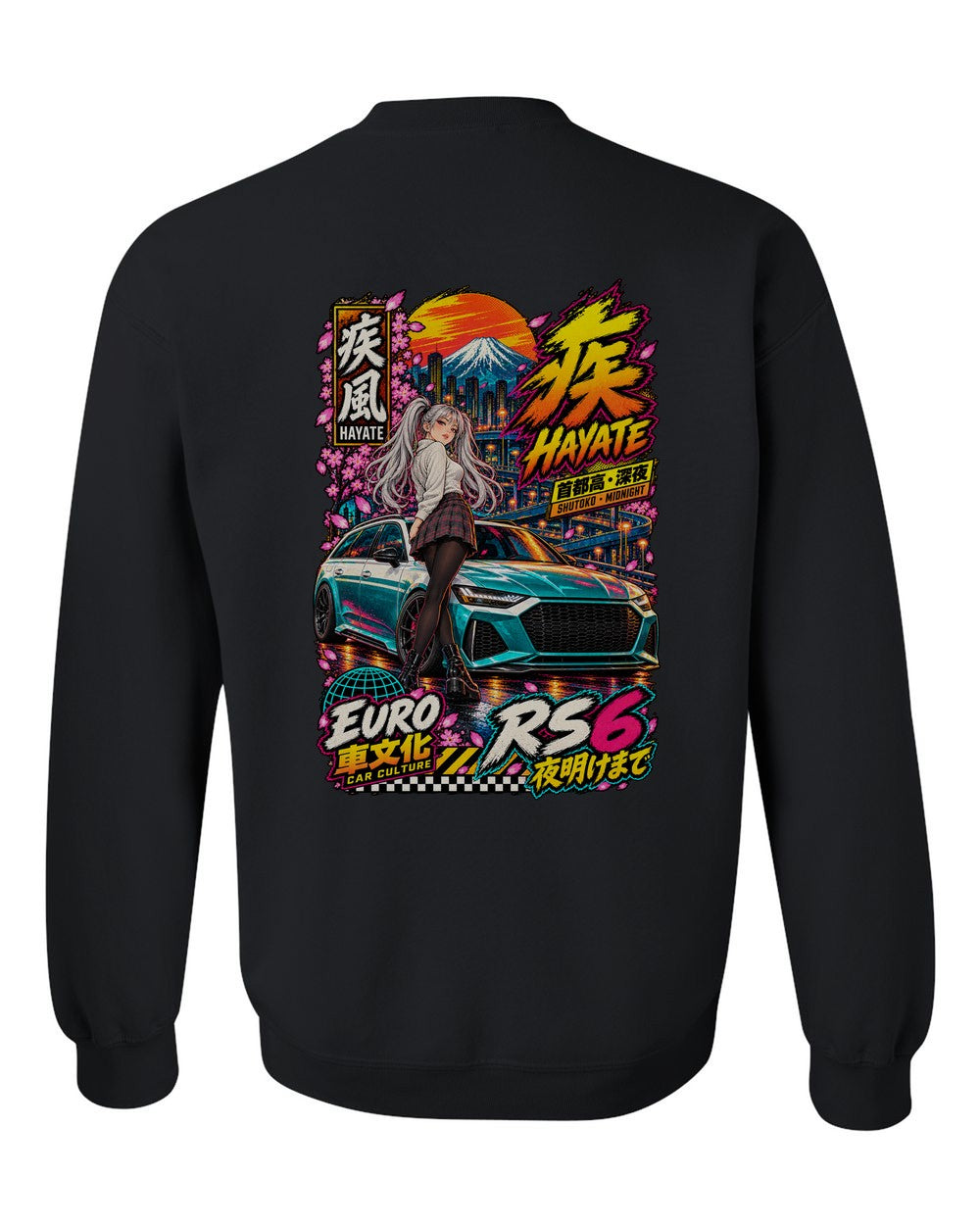HAYATE RS6 full-back artwork black crewneck back view with the design