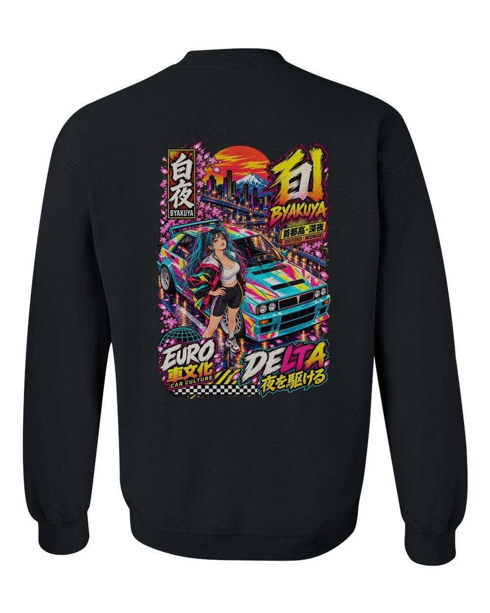 BYAKUYA DELTA full-back artwork black crewneck back view with the design