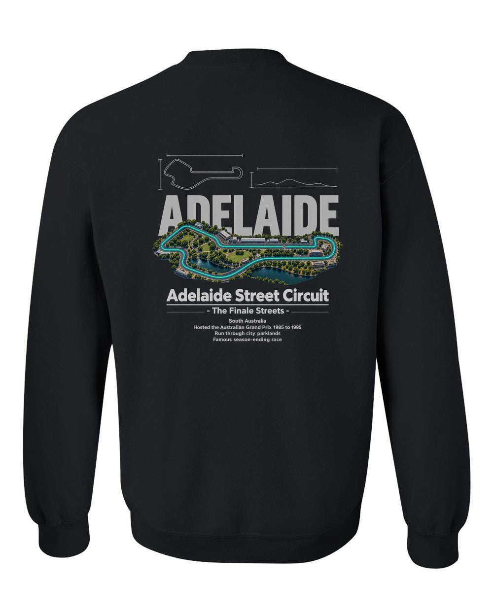 Adelaide Street Circuit black crewneck back view with the design