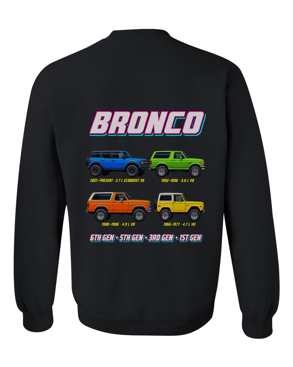 Ford Bronco evolution poster black crewneck back view with the design
