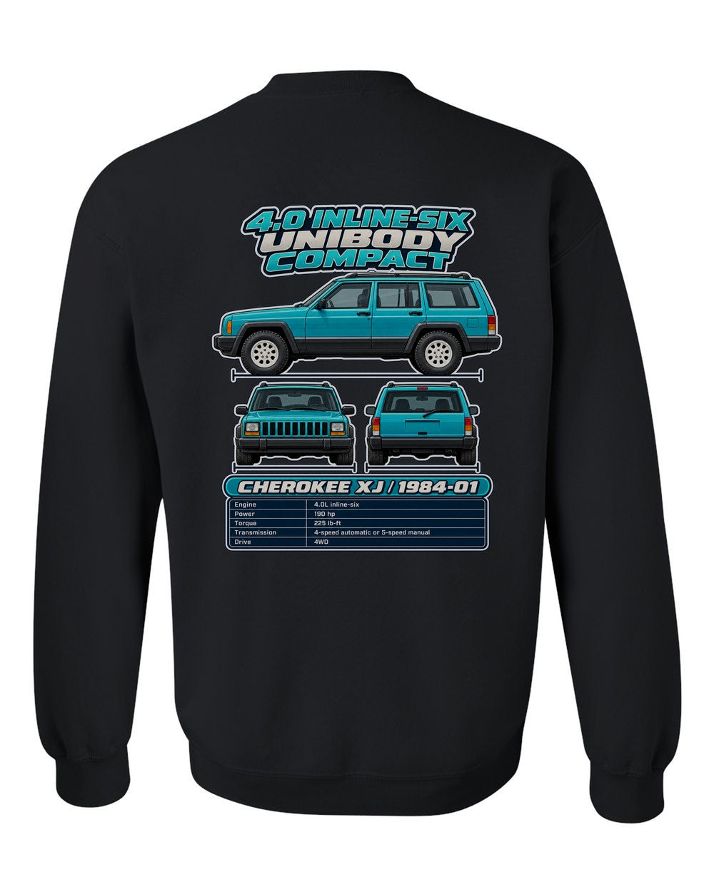 Jeep Cherokee Xj spec sheet black crewneck back view with the design