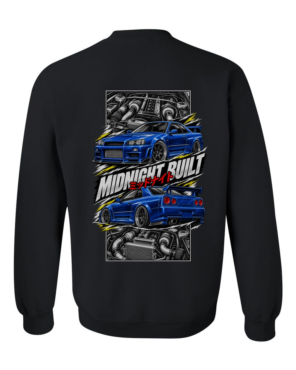 Nissan Skyline GT-R R34 torn poster black crewneck back view with the design