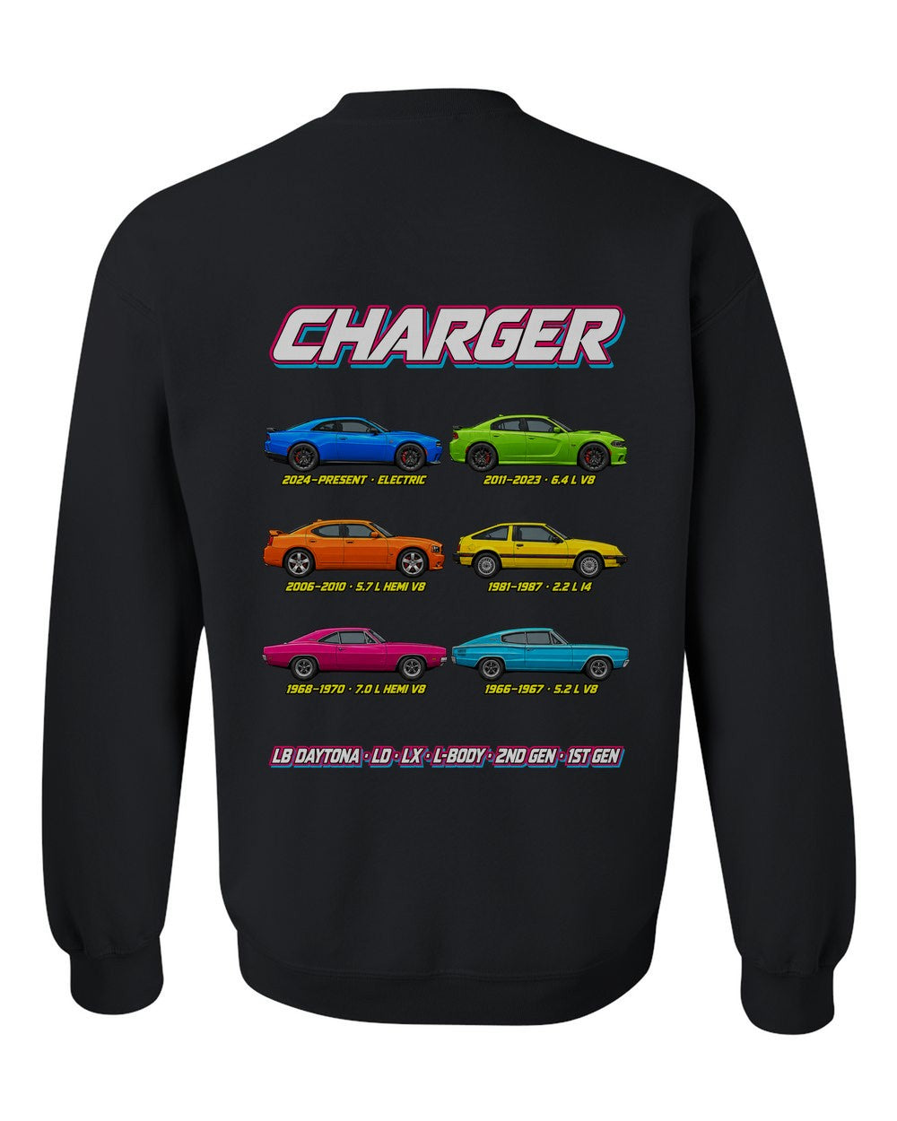 Dodge Charger evolution poster black crewneck back view with the design