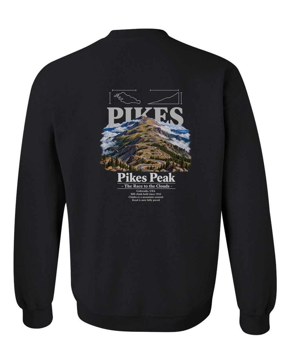 Pikes Peak black crewneck back view with the design