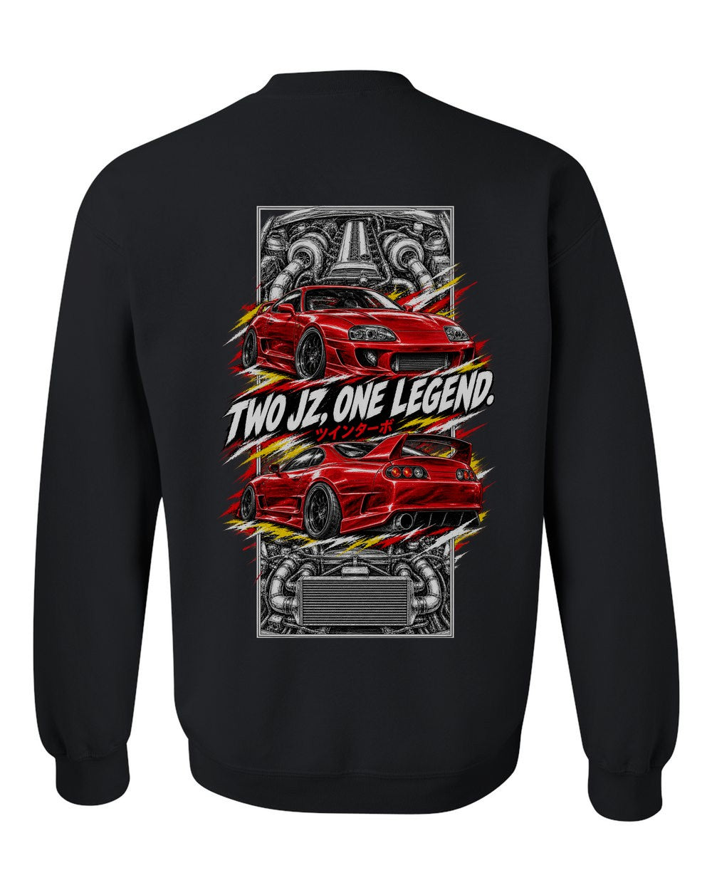 Toyota Supra A80 torn poster black crewneck back view with the design