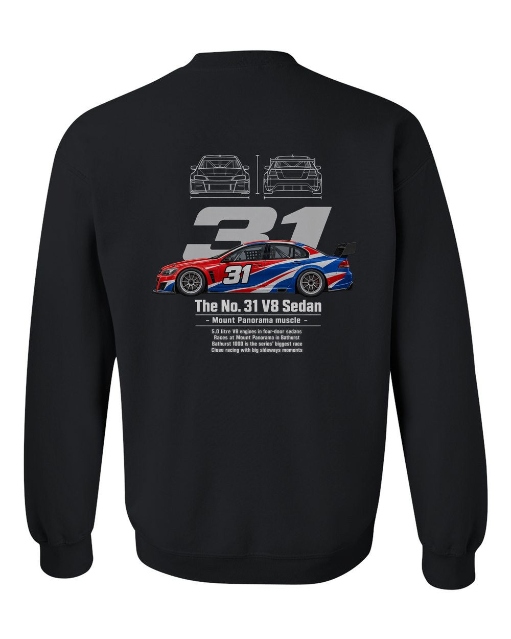 No. 31 V8 Sedan black crewneck back view with the design